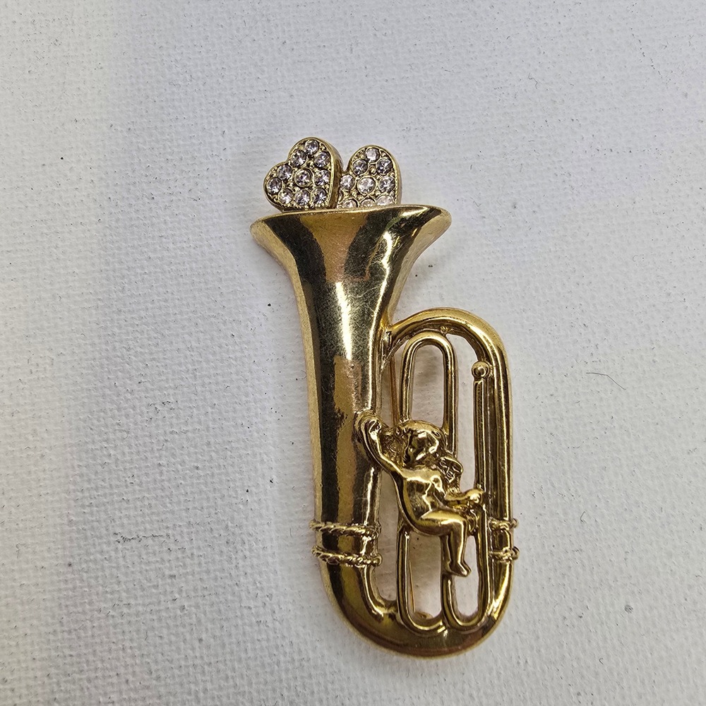 Vintage Gold Tuba and Angel Brooch with Crystal Hearts